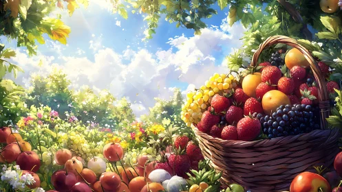 Sunlit orchard harvest with vibrant fruit basket centerpiece.