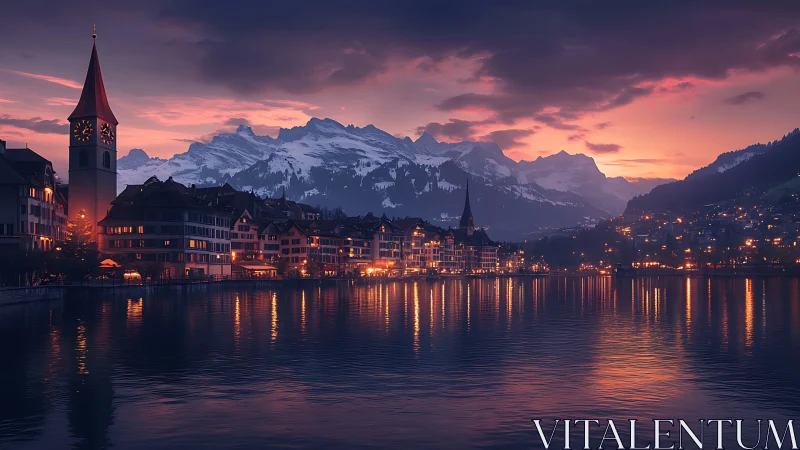 Lakeside European town at dusk with illuminated waterfront.