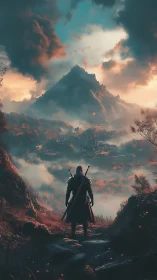 Armored wanderer surveys misted valley beneath monumental peak