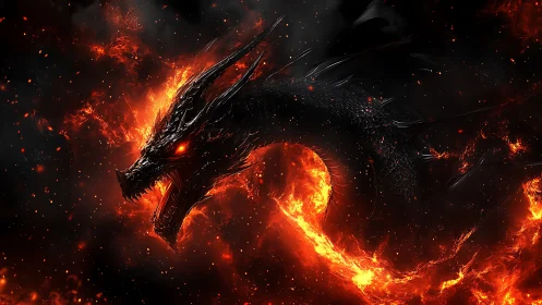 Infernal obsidian dragon coils through a storm of living fire.