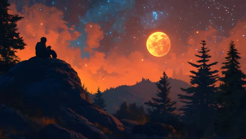 Figure observing luminous celestial body above forested landscape at night.