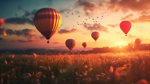 Sunrise balloons drift like quiet lanterns over glowing fields