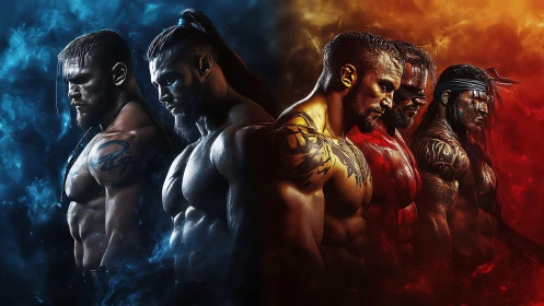 Photorealistic split-light portrait of tattooed warriors lineup.