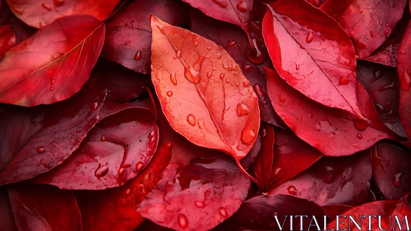 Rain-kissed red leaves glow softly in a rich autumn blanket