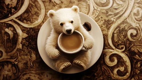 Photorealistic baby bear latte on ornate sepia tabletop plate.
