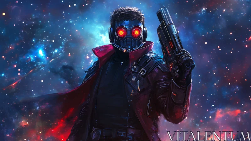 Masked space outlaw with glowing eyes amid nebula storm.