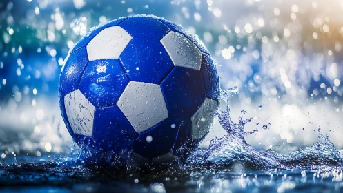 Stormlit blue soccer ball skips through silver rain bursts