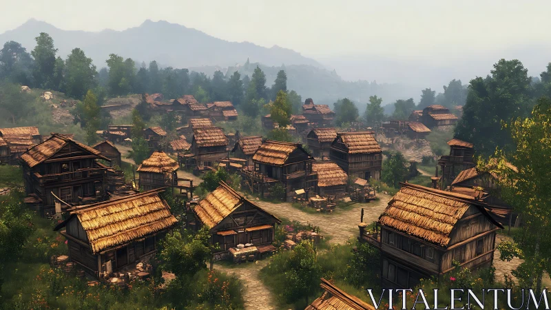 Medieval wooden village with thatched roofs sits in valley