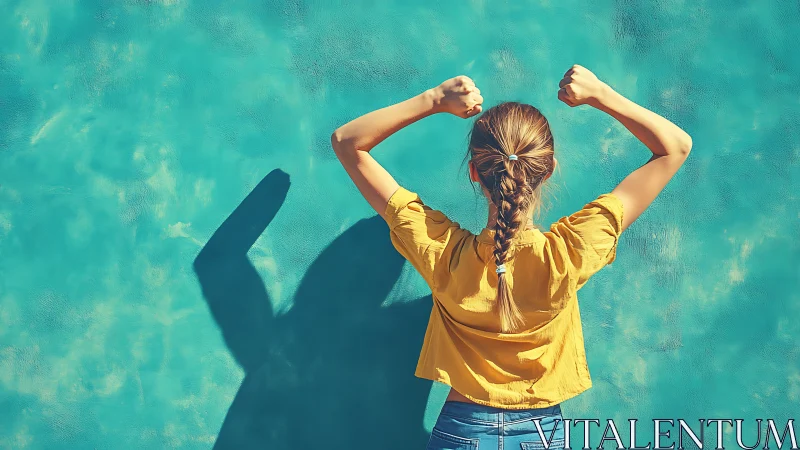 Confident young woman with raised arms against vibrant teal wall.