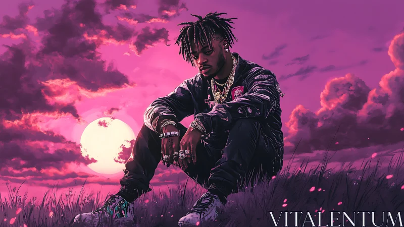 Solitary figure rests in neon pink dusk meadow under moon