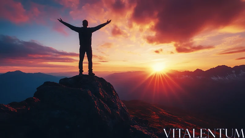 Silhouette stands on mountain peak embracing vivid sunrise sky