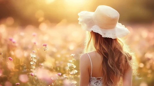 Back view of woman in hat standing in sunlit flower field