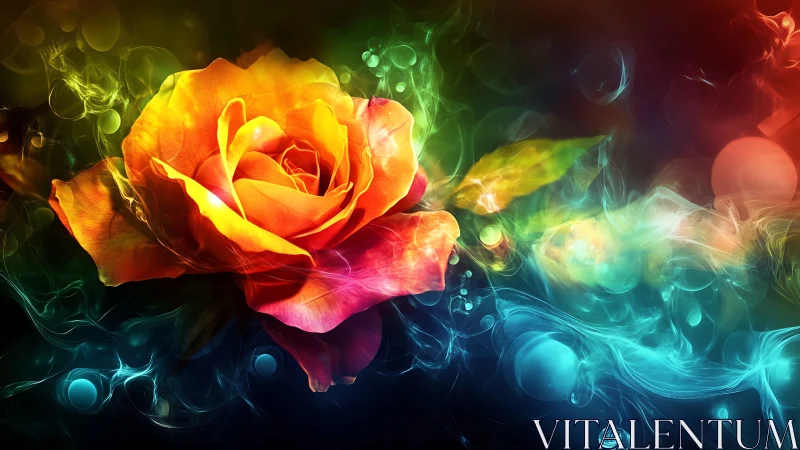 Multicolored rose rendered amid swirling abstract light effects