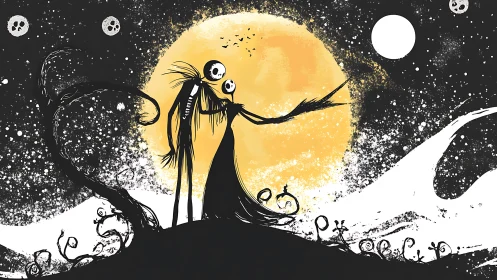 Skeleton couple stands before large yellow moon in stylized night