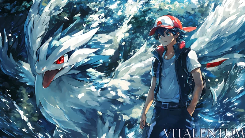 Trainer with white dragon partner amid crashing water surge.