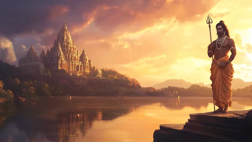 Hindu temple complex and river deity figure at sunset