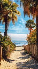 Coastal Beach Gateway: Palm Framed Sandy Path to Ocean Vista