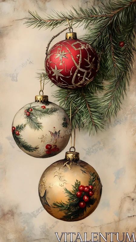 Tri-spherical glass ornaments under evergreen branch, detailed.