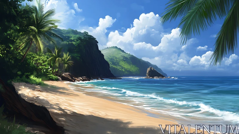Tropical Coastline with Palm Framed Beach and Verdant Cliffs.