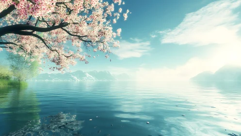 Cherry blossoms over calm lake with distant snowy mountains.