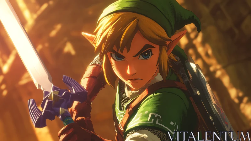 Sword-ready elf hero in green tunic amid golden glow.