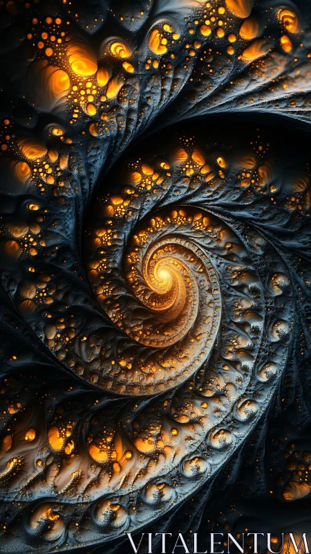 Glowing golden fractal spiral with dark textured layers