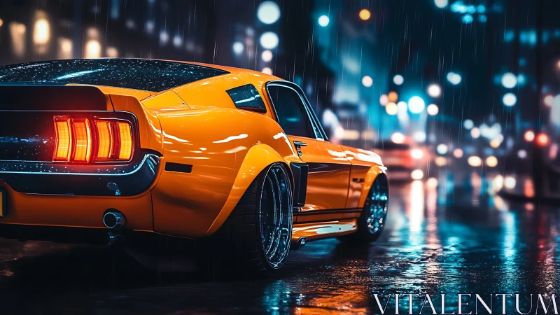 Orange muscle car stands in rainy neon lit city street