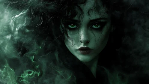 Nocturnal sorceress portrait in emerald mist and chiaroscuro