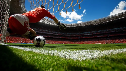 Goalkeeper’s last-second save under bright stadium skies.