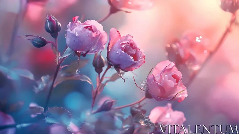 Pink Roses with Dewdrops in Bokeh Light