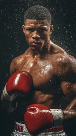 Professional Boxer in Red Gloves with Intense Focus and Dramatic Water Effect