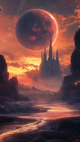 Crimson exoplanet dominates skyline above luminous alien citadel