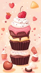 Stacked Strawberry Cupcakes with Whipped Cream and Fresh Berries