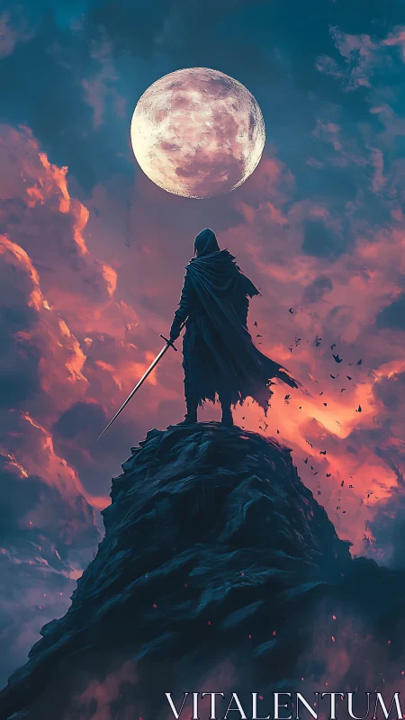 Moonlit blade on the storm peak of a crimson twilight sky.