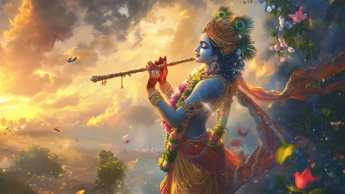 Divine blue deity playing flute under radiant sunset sky.