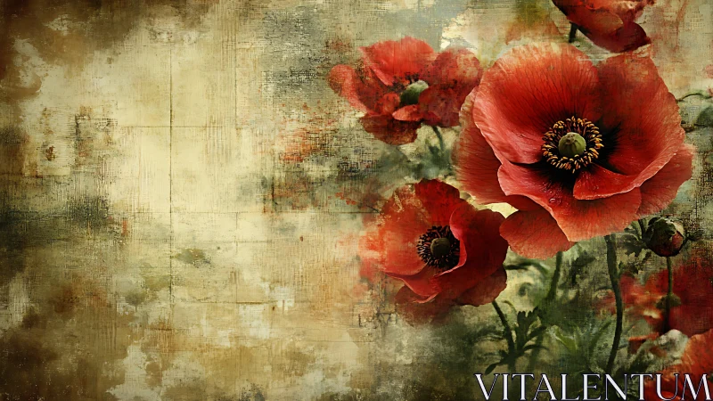 Red Poppies Against Weathered Vintage Texture.