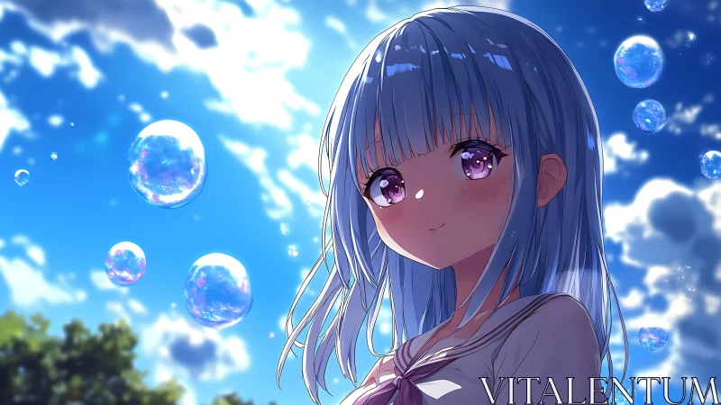 Dreamy blue haired girl beneath radiant summer sky.