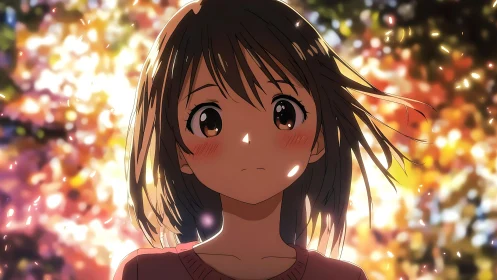 Anime girl against blurred autumn light background scene.
