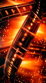 Curved film strips glow against intense orange light field
