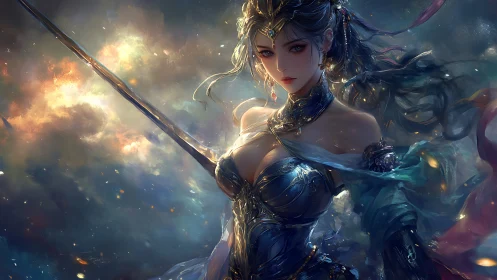 Warrior woman stands in ornate armor amid glowing storm clouds