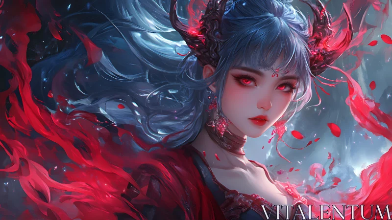 Enchanting horned sorceress wrapped in swirling crimson magic.