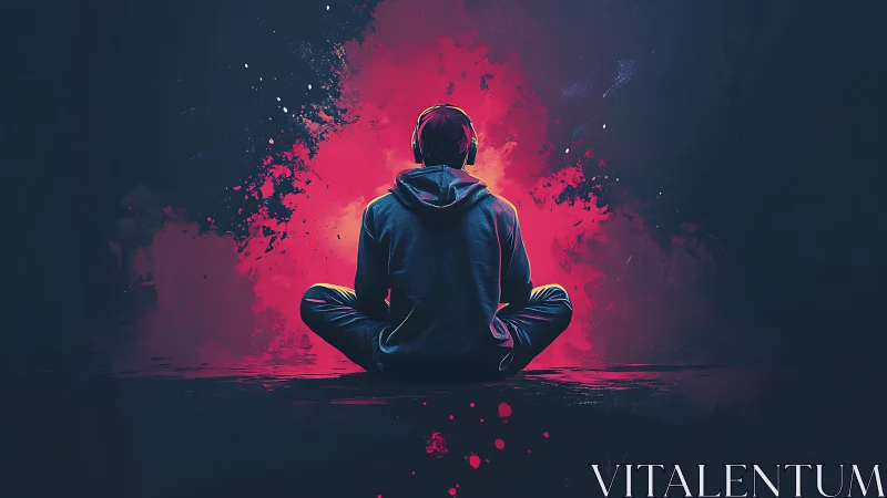 Person sits cross-legged in front of bright pink light splash