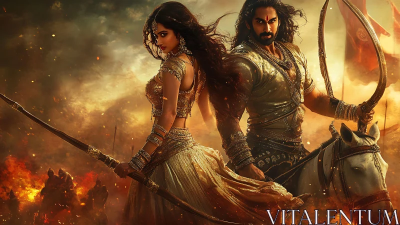 Warriors in ornate armor confront inferno-lit battlefield horizon