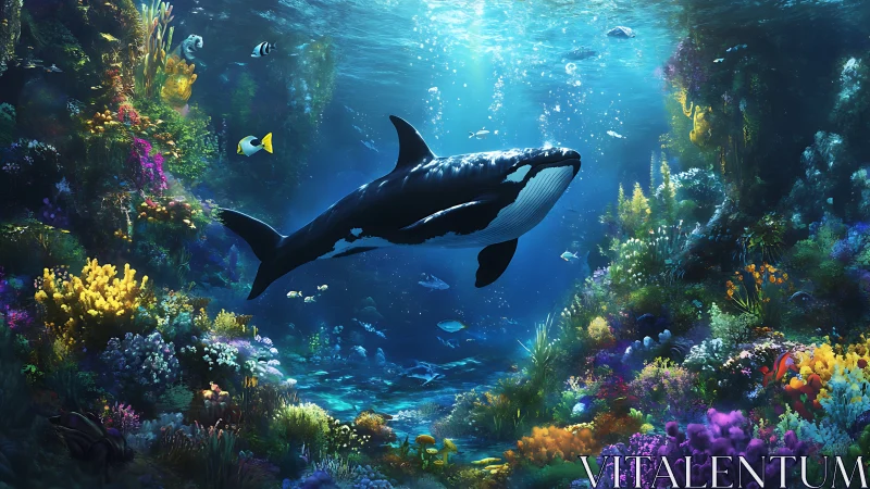 Orca swimming through colorful coral reef seascape scene.