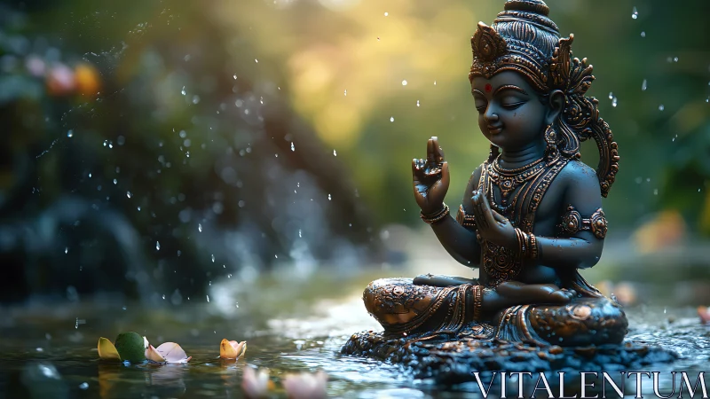 Gentle river meditation with ornate bronze deity statue.