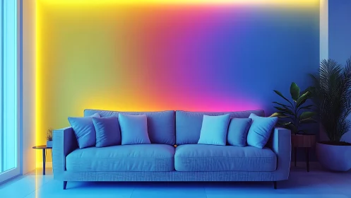 Modern sofa sits before vivid gradient neon wall lighting