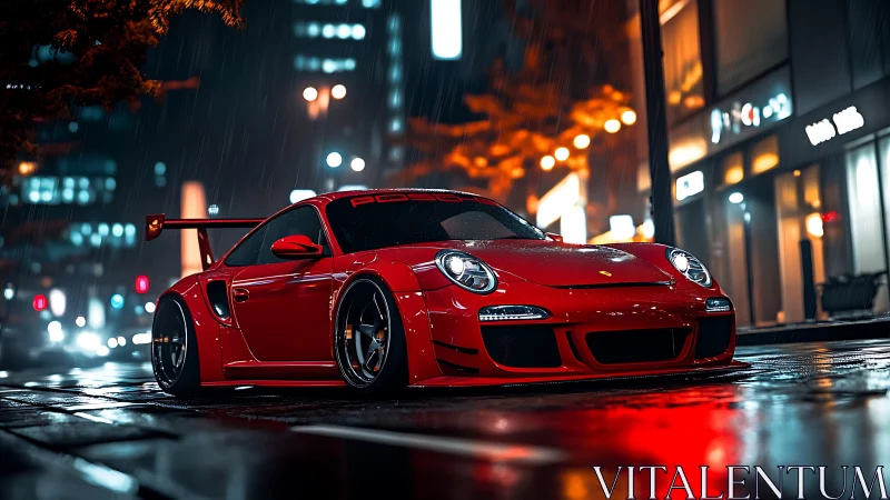 Midnight red sports car glowing on rainy city streets.