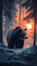 Backlit brown bear in volumetric winter forest dusk glow.