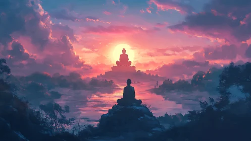 Solitary meditator studies distant Buddha at radiant sunset