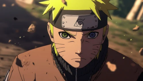 Determined ninja hero racing through swirling forest dust.